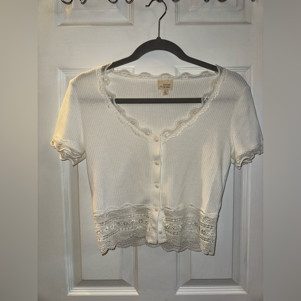 Cream Lace Trim Button-Up Top